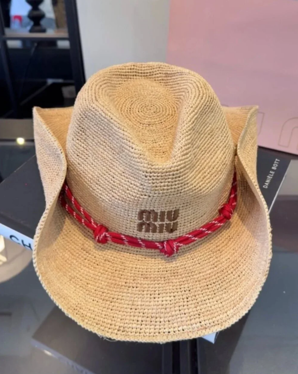 Miu Miu Natural Straw Hat with Red Rope Trim